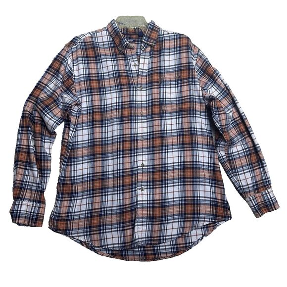 IZOD Mens Large Plaid Flannel Shirt Button Down Blue Orange Cotton Blend Pre-Own - Picture 1 of 12
